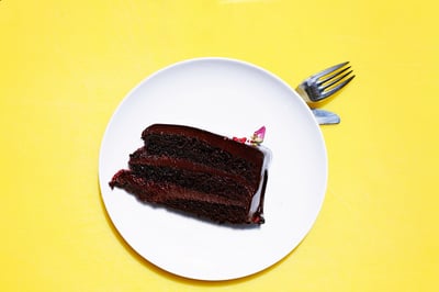 chocolate cake on a plate with yellow background